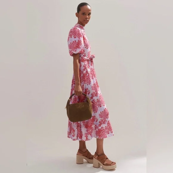 ME+EM 2 Layered Violets Print Midi Dress EUC Belt Lined Floral Fit Flare - Picture 2 of 16